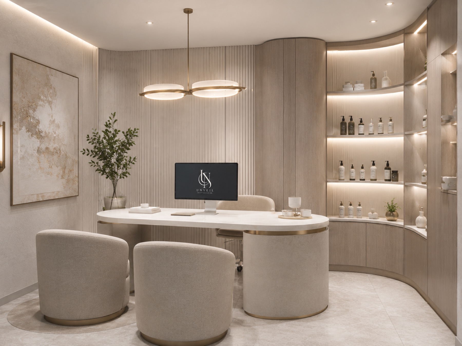 The consultation room — velvet chairs around a curved stone desk, skincare lining softly lit shelves