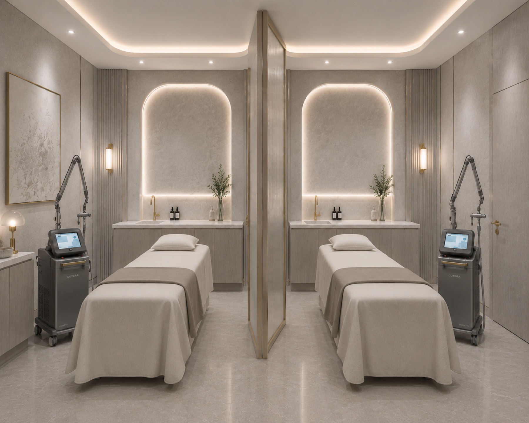 The couple suite — twin treatment beds beneath mirrored arches of light, divided by a reeded glass screen
