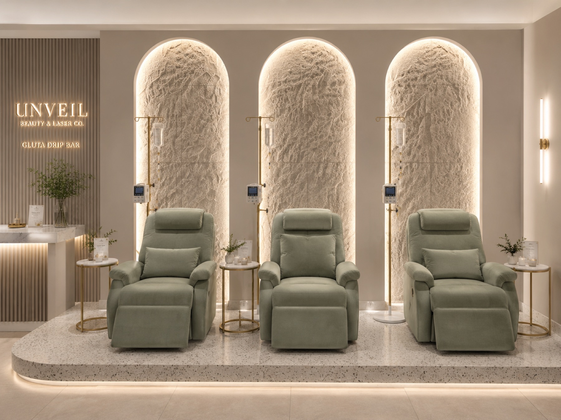 The drip bar — three sage velvet recliners on a terrazzo dais before backlit sculpted arches, brass drip stands beside each