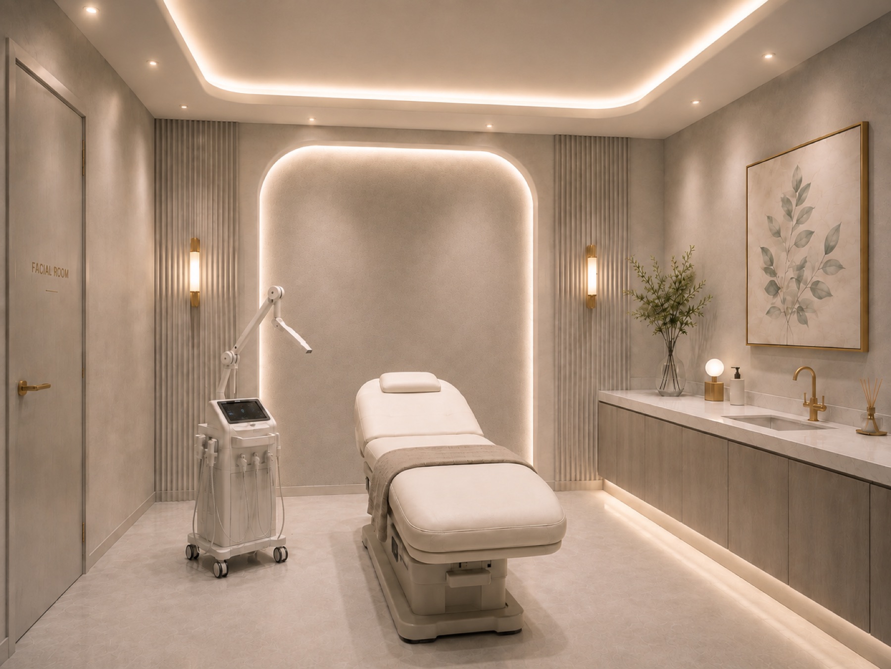 The facial suite — a reclined treatment bed within a glowing arch, botanical art above the marble counter