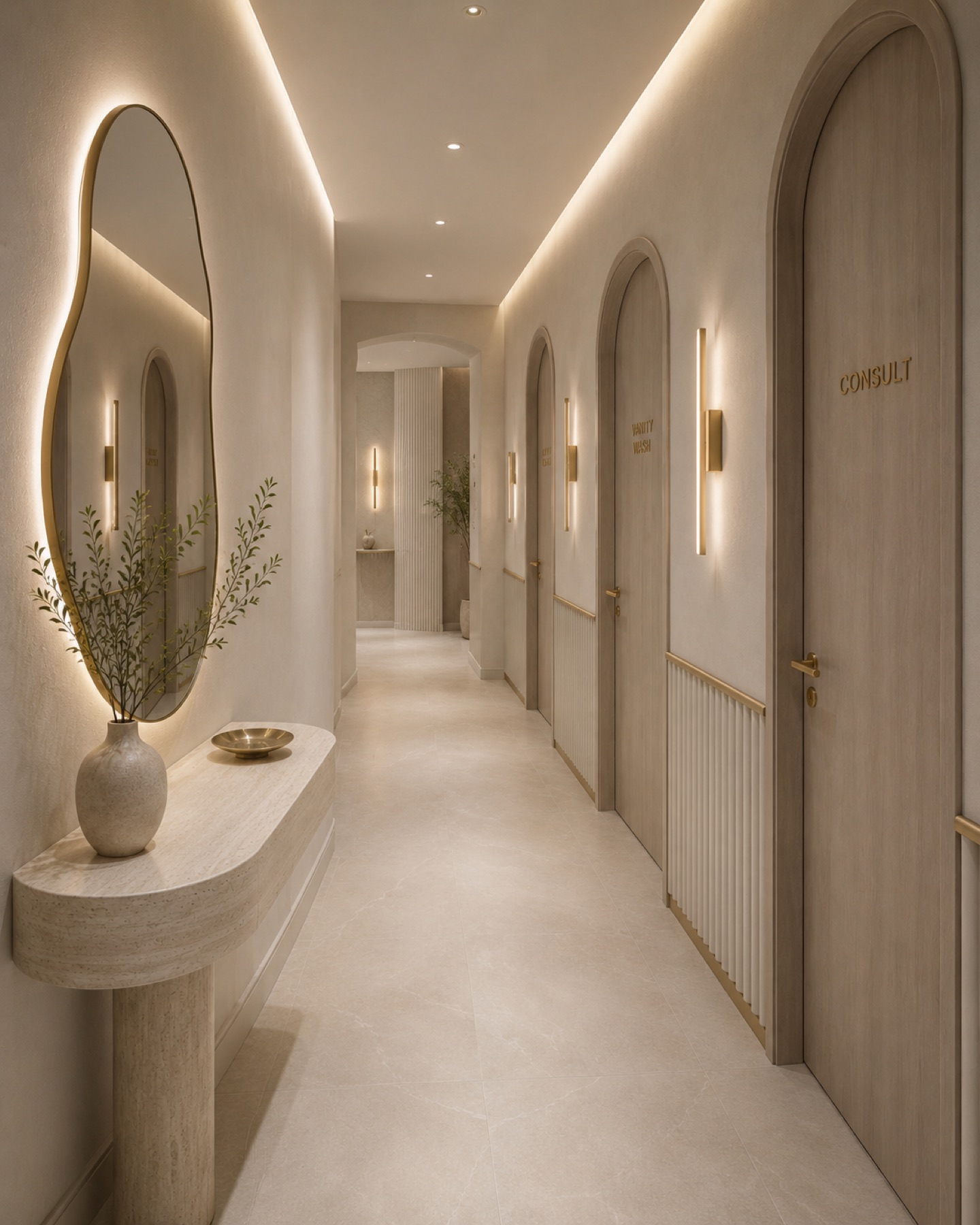 A quiet corridor of arched oak doors, each room named in brass, lit by slender wall lights