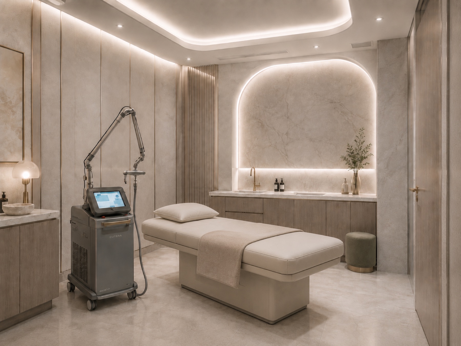 The laser suite — a treatment bed beside the laser platform, beneath an arched niche of backlit marble