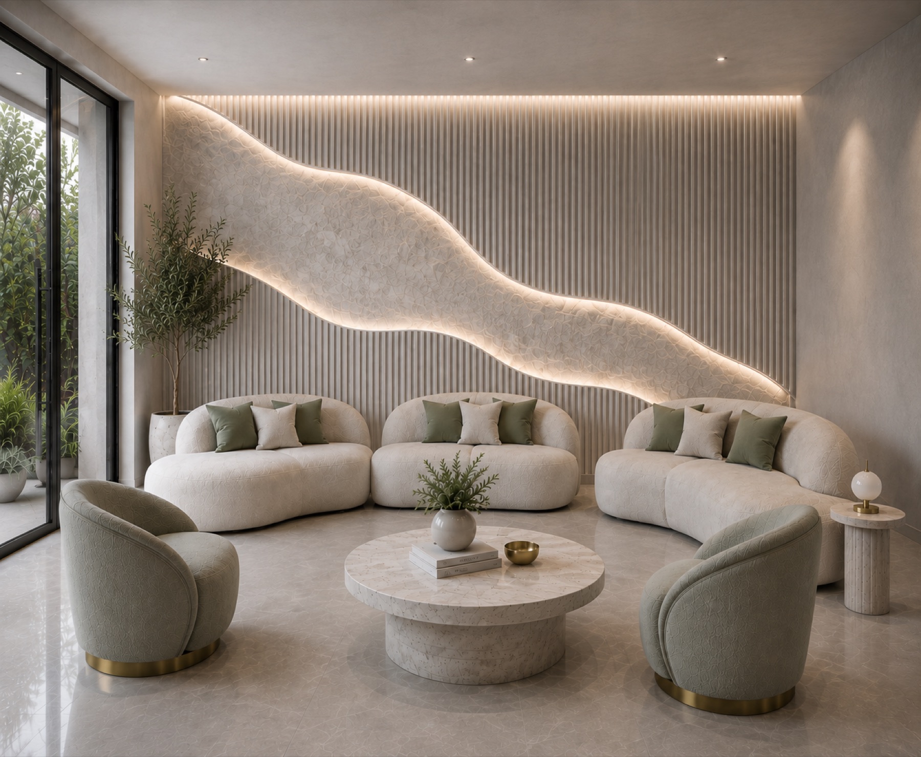 The lounge — curved ivory sofas and sage armchairs beneath a backlit sculpted wave wall
