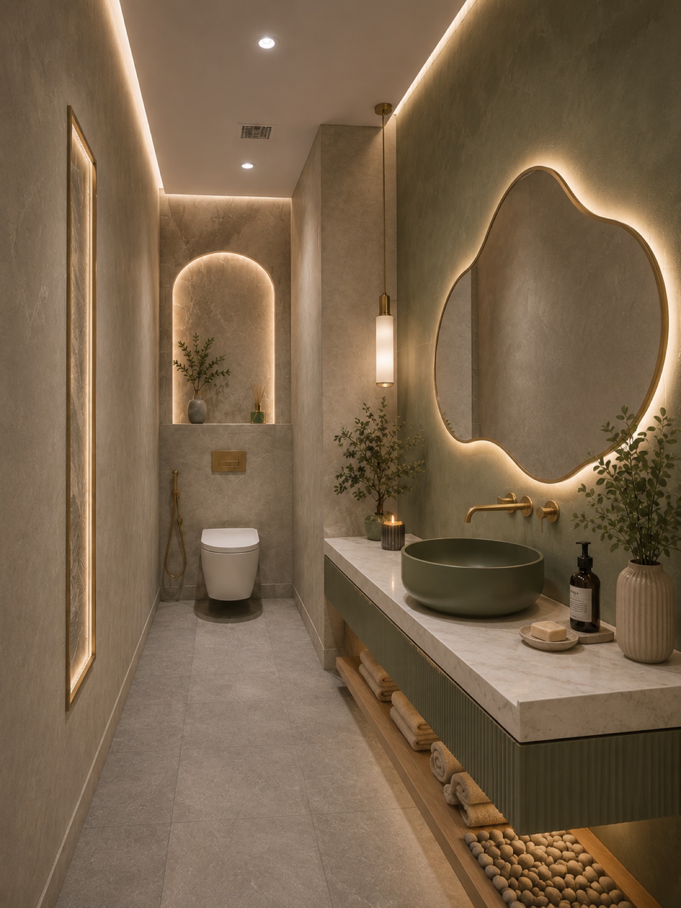 The guest powder room — a sage stone basin under an organically curved backlit mirror and brass fittings