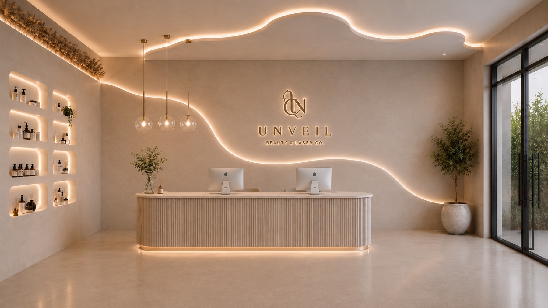 The UNVEIL reception — a fluted stone desk beneath the glowing monogram, a ribbon of warm light tracing the ceiling