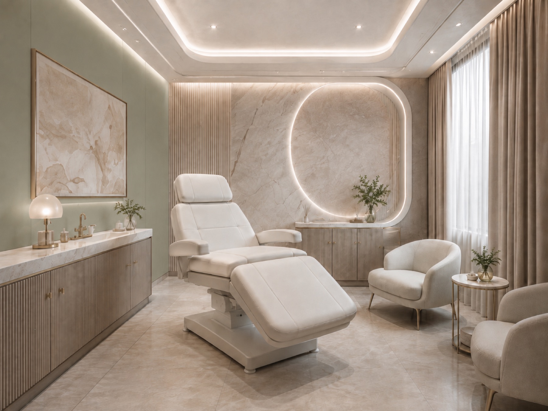 The VIP suite — a private treatment room in sage and travertine, its marble wall framed by a glowing arch